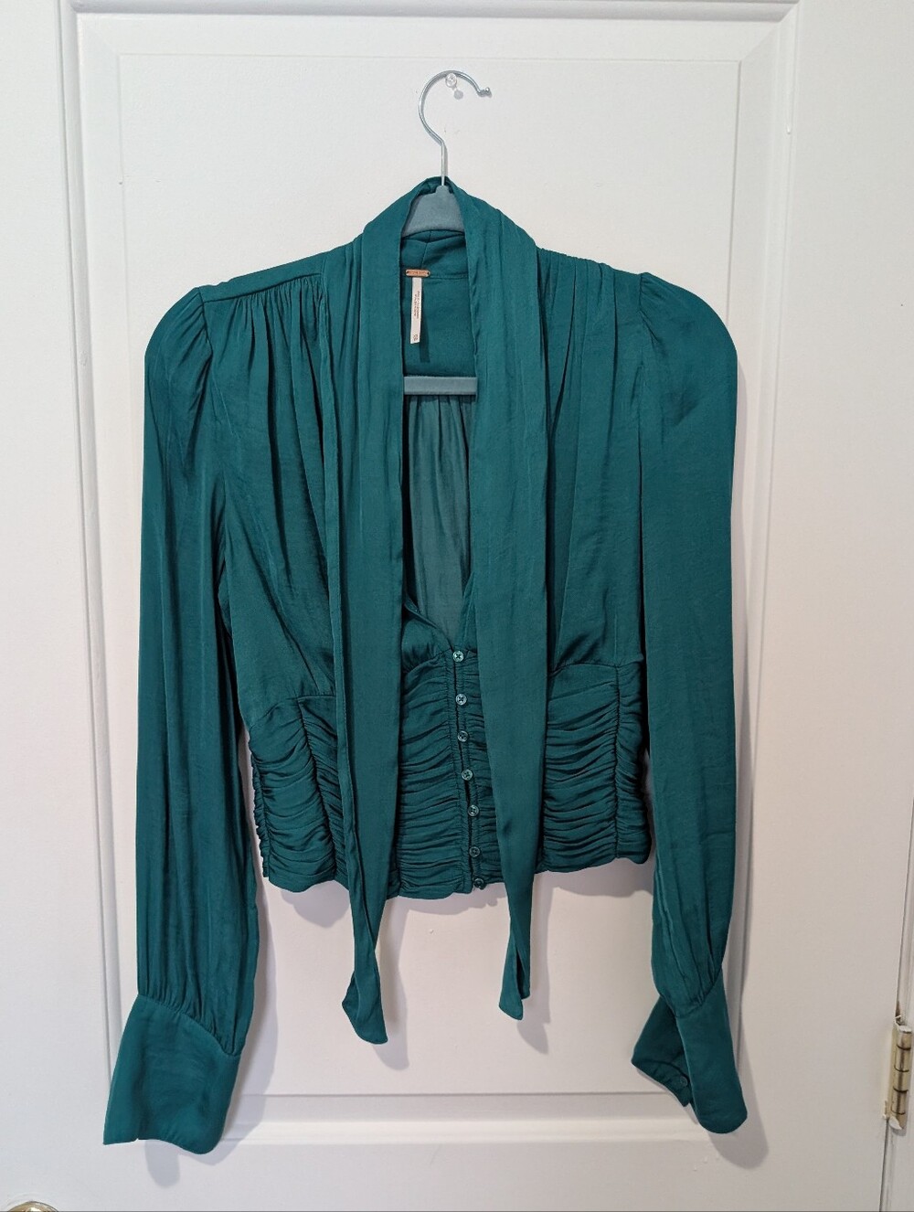 Free People Teal Tie-Front Ruched Blouse